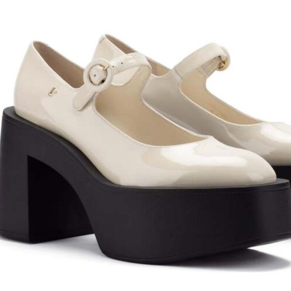 Larroude Olivia Pump Chunky Platform Mary Jane Strap Ivory Patent Leather